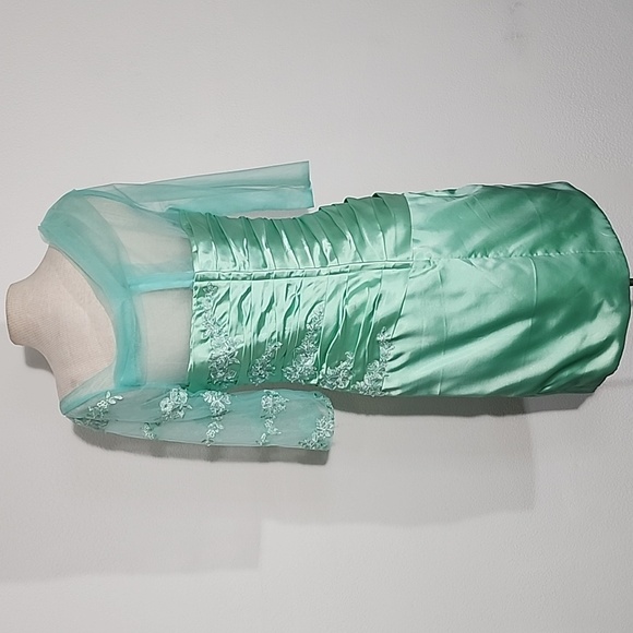 Dress Ruched Satin Sequins Floral Applique Green Satin Dress Size 16 - Picture 8 of 15